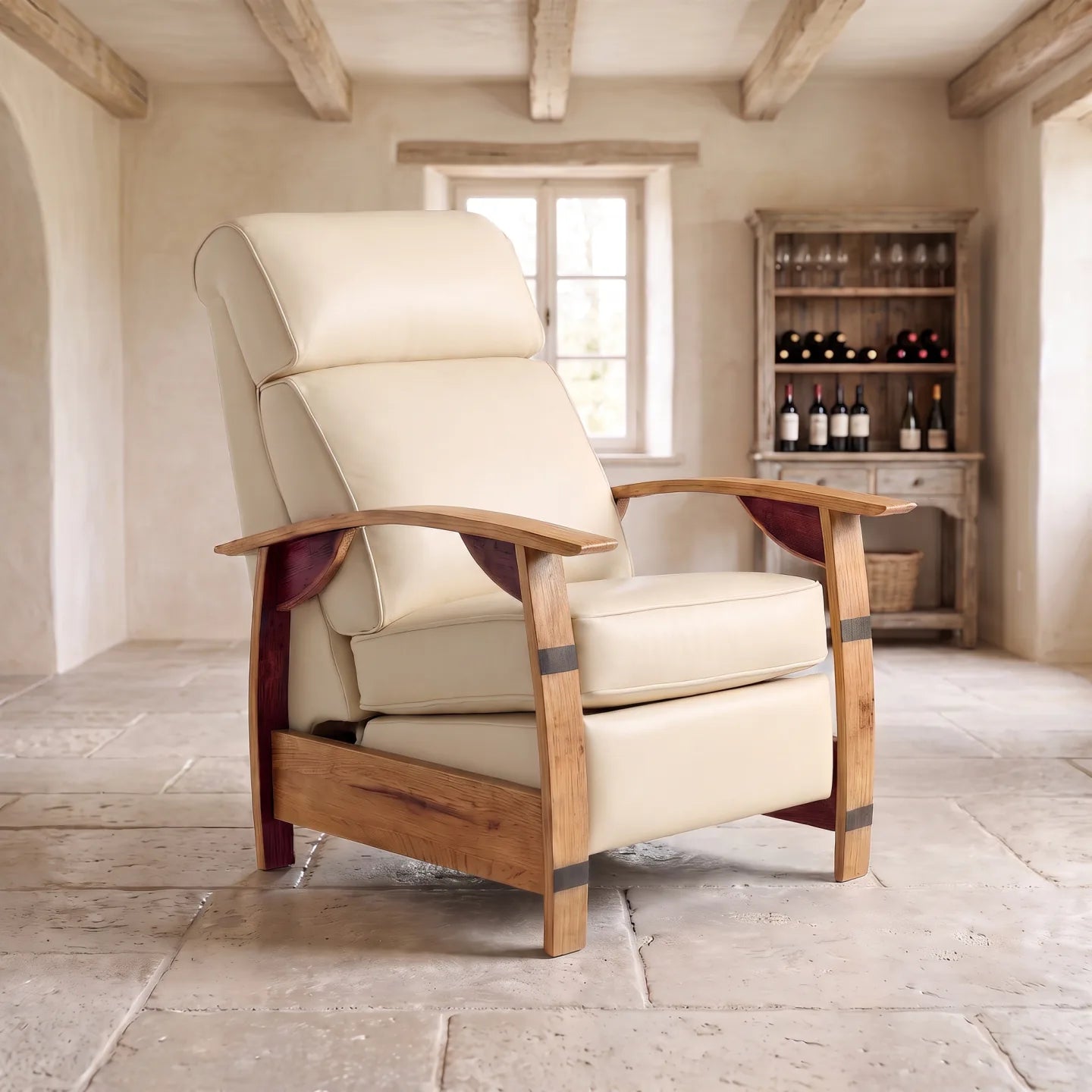 Trend Manor Wine Barrel Recliner French Vanilla Italian Leather
